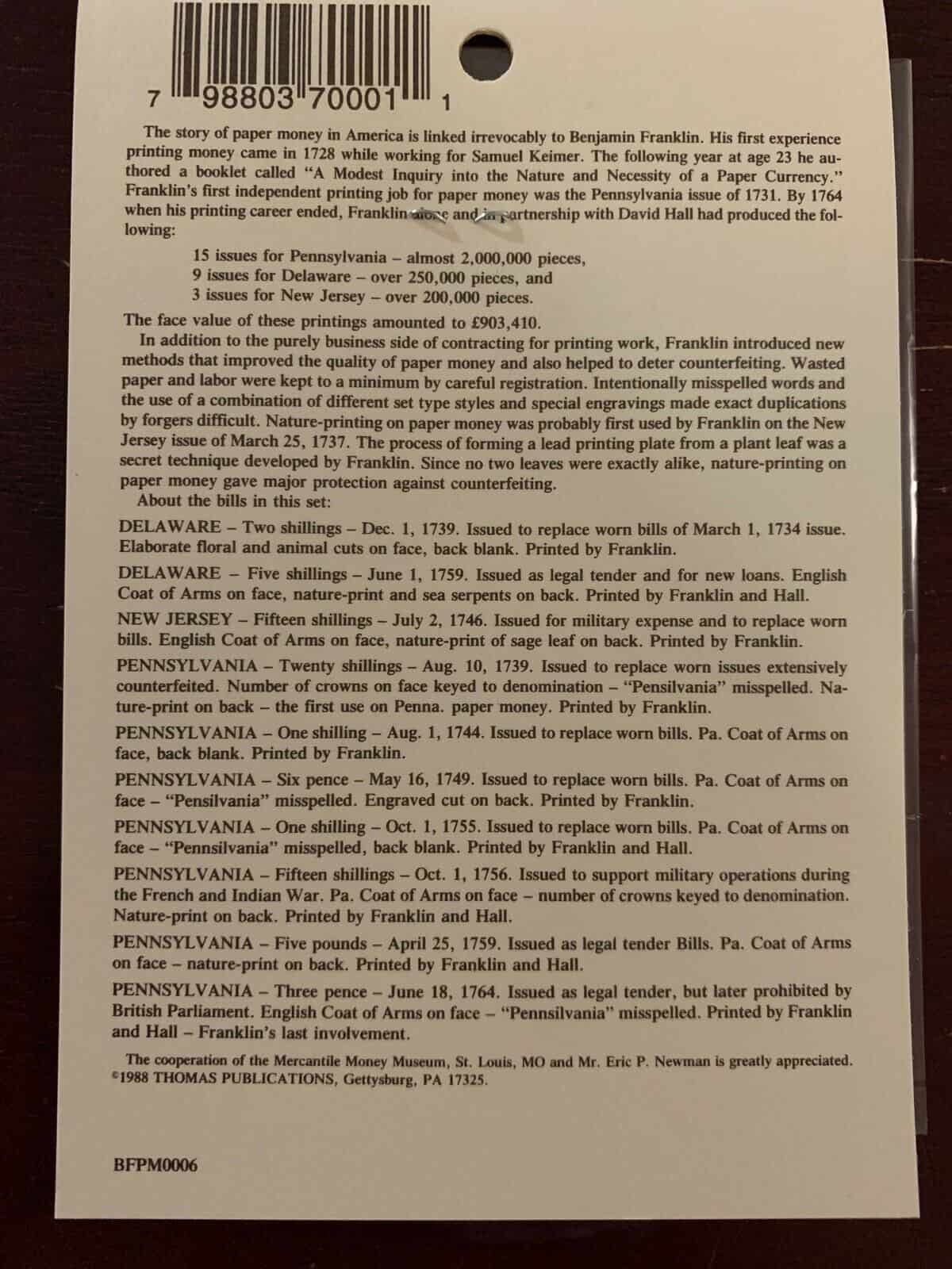 Paper Money by Benjamin Franklin - Facsimilies - Image 2