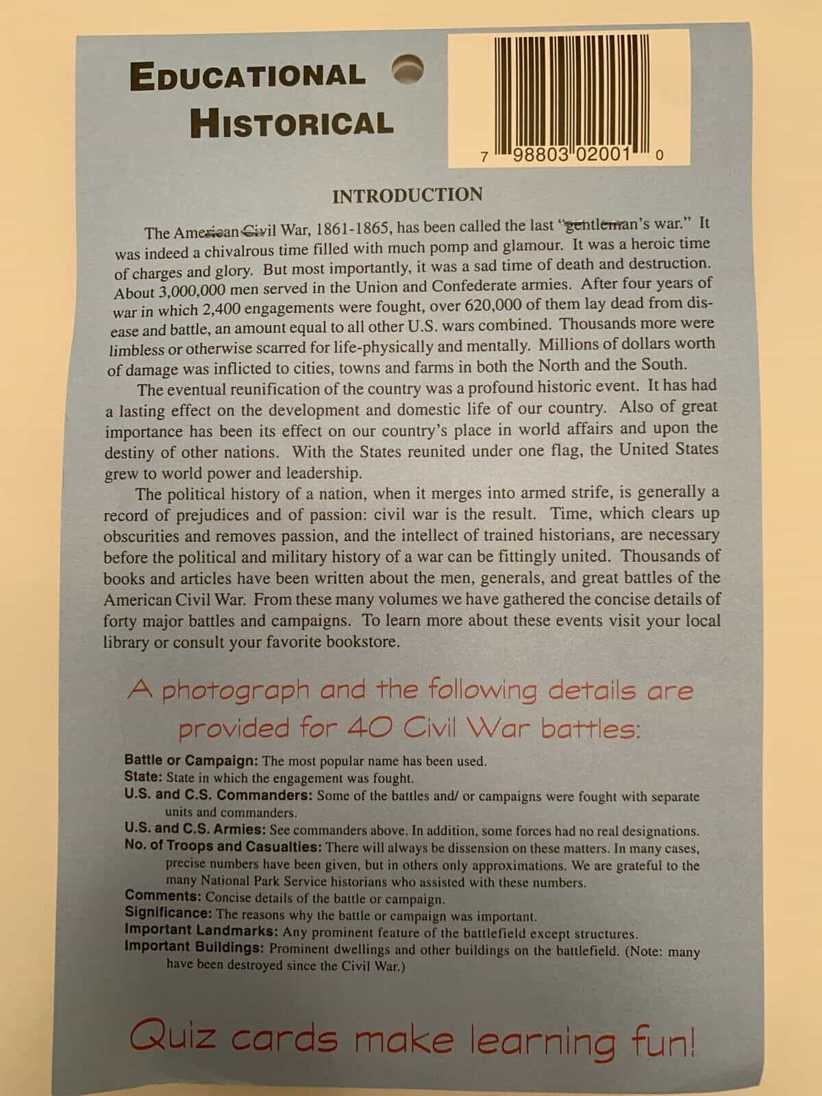 Vintage Major Battles and Campaigns of the Civil War 40 history quiz cards - Image 2