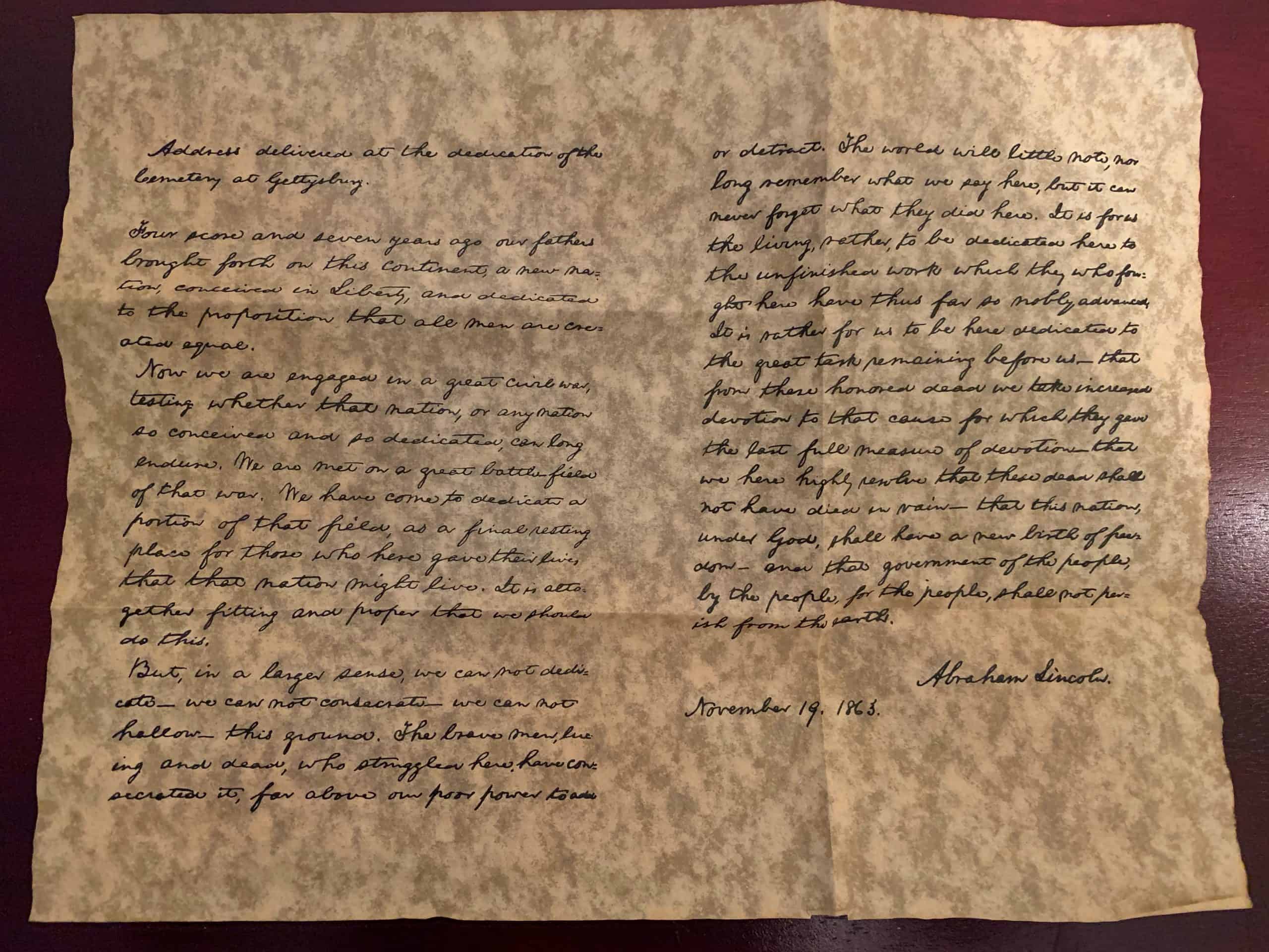 Gettysburg Address Parchment Replica