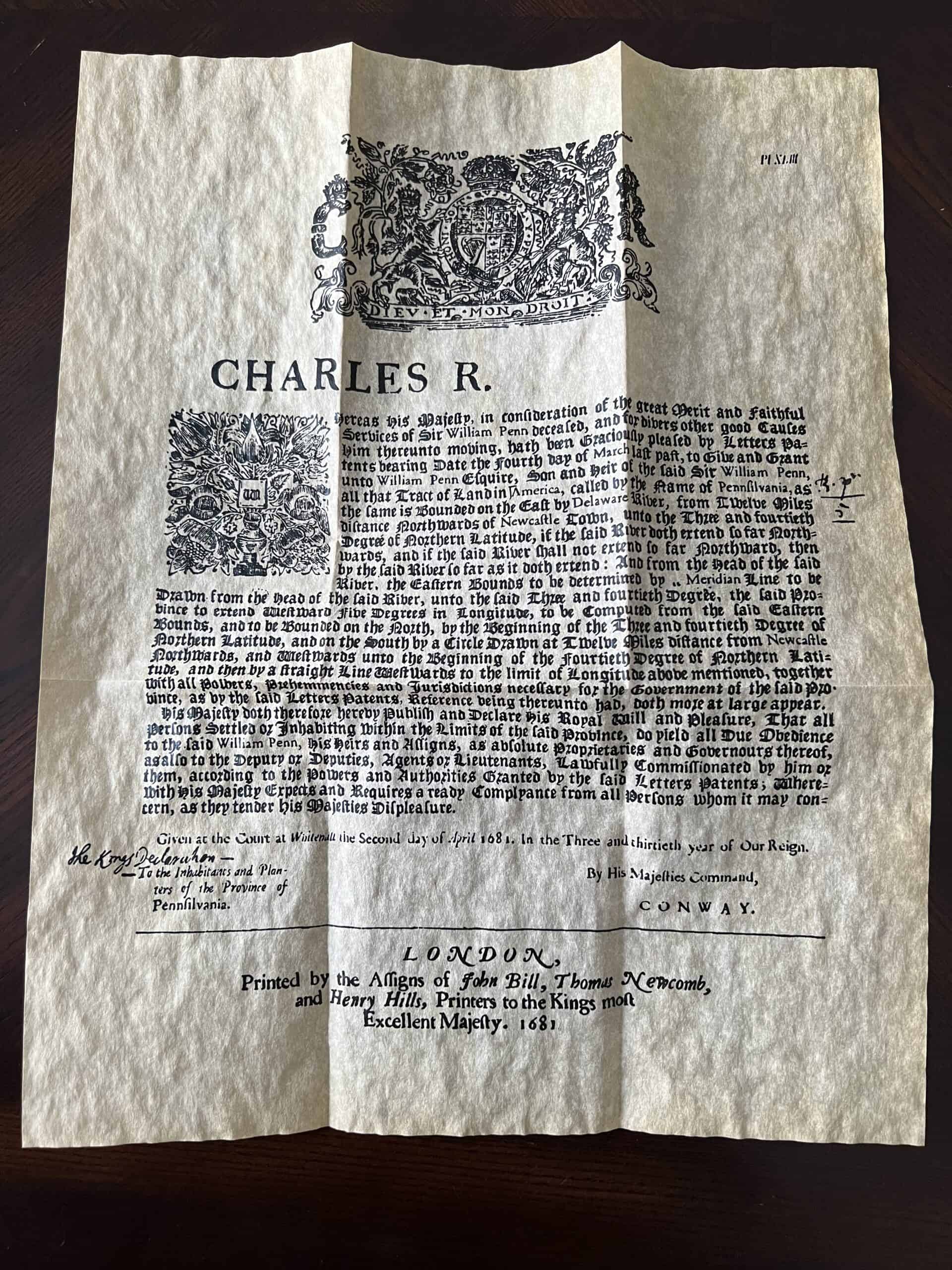 William Penn Deed to Pennsylvania 1681