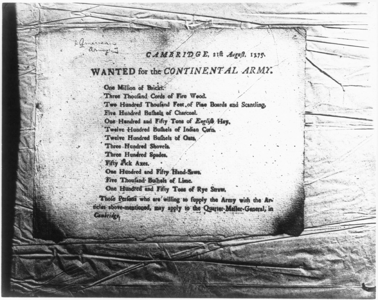 The Siege Broadsheet: Washington’s Raw Materials for a Winter Fortress